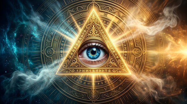 Mystical Eye in Illuminati Triangle with Cosmic Background