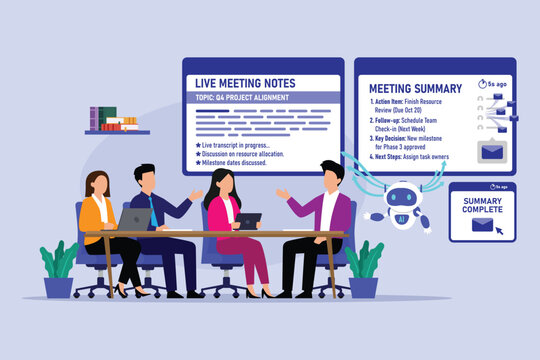 AI Live Meeting Notes and Automated Meeting Summary Concept with Business Team and Robot Assistant 2d flat vector illustration