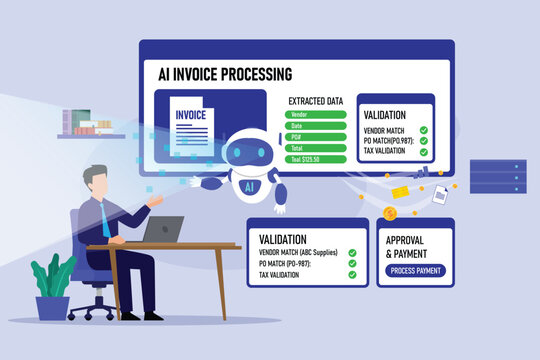 AI Invoice Processing Concept with Businessman, Robot Assistant, Data Extraction, Validation, and Payment Approval 2d flat vector illustration