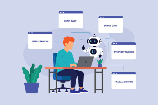 AI Financial Advisor Assisting Man with Personal Budgeting, Expense Tracking, and Investment Planning 2d flat vector illustration
