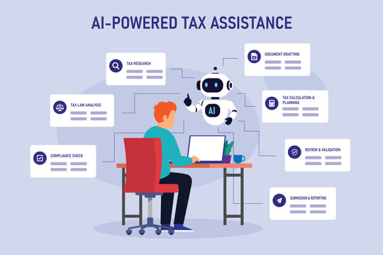 AI-Powered Tax Assistance with Man and Robot Assistant for Automated Tax Filing and Compliance 2d flat vector illustration