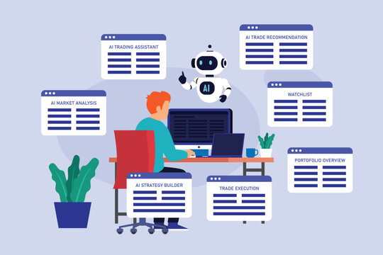 AI Trading Assistant  with Trader and Robot for Automated Stock Market Analysis and Investment Strategy 2d flat vector illustration