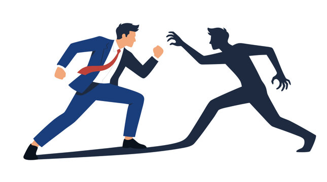 Businessman in blue suit fighting his own elongated dark shadow, flat color vector illustration on white background depicting inner struggle, self conflict, and personal battle metaphor