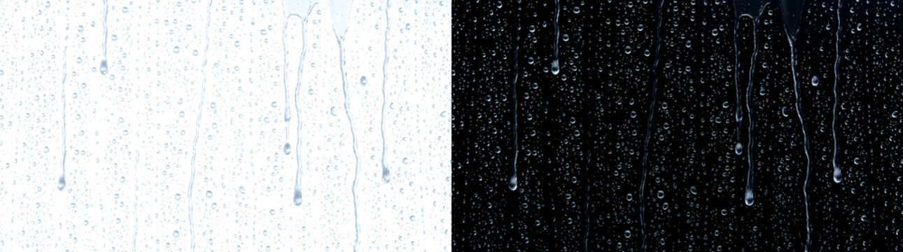 Realistic water droplet drip glass texture with condensation and trickling streaks in PNG, Transparent and Black Background Versions