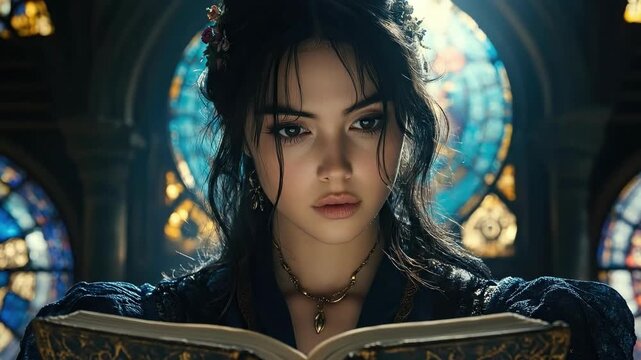 Mysterious young woman reading in gothic library with stained glass. The concept of mysticism, astrology, fortune-telling, shamanism, tarot, seers, clairvoyants