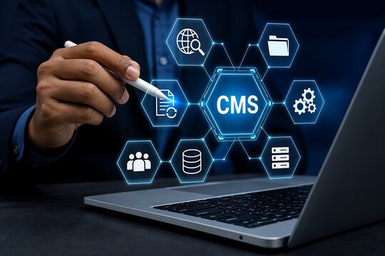 Businessman using digital pen to select cms icon on laptop screen with holographic interface