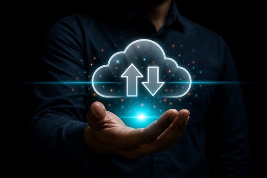 Hands holding glowing cloud with upload and download arrows, symbolizing data transfer