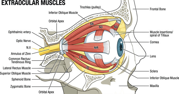Human eye extraocular muscles labeled anatomy diagram showing orbit nerve and sclera structure isolated on white
