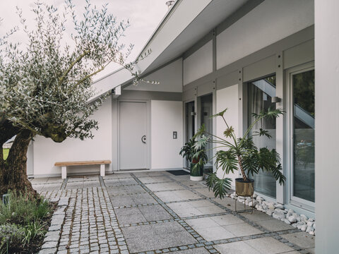 Modern timber frame villa with courtyard and olive tree