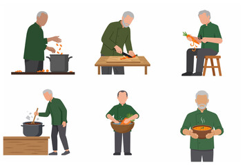 Fototapeta premium Collection of senior male chef characters cooking healthy carrot soup in flat vector style