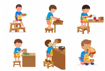 Vector illustration set of a young boy learning to prepare and eat a sandwich independently in the kitchen.