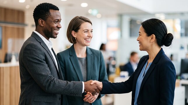 Diverse happy couple shaking hands with Asian female real estate agent in modern office environment. Professional mortgage broker approving home loan for young clients buying property.