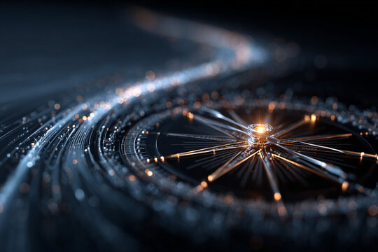 Close up view of futuristic high tech metallic compass with glowing orange core pointing direction over abstract dark blue cyber data stream background, digital navigation guidance concept.