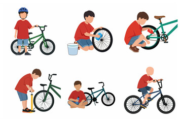 Fototapeta premium Set of flat vector illustrations of a little boy taking care of his bicycle. Child washing bike, oiling chain, pumping tires and riding.