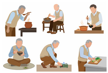 Fototapeta premium Set of flat illustrations featuring a senior man cooking, tasting, and eating healthy soup, depicting an active lifestyle, retirement hobbies, and independent living.