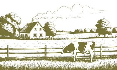 Spacious pastures on hills. Farmers and trees are visible on the horizon. Cow grazes near the fence, with grass and shrubs in the foreground. Vector illustration.Linear sketch, isolated on background © Elena