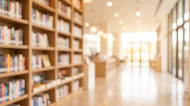 Blurred abstract background of modern spacious library interior with bookshelves