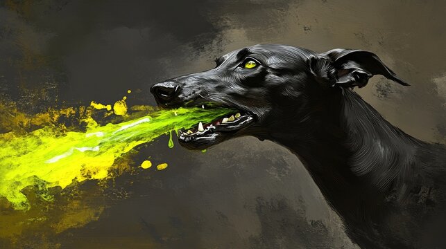 Black dog spitting vibrant green neon liquid