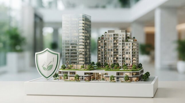 Diversified real estate strategy with office tower, apartment block, retail podium, green roof, and shield icon for portfolio protection.