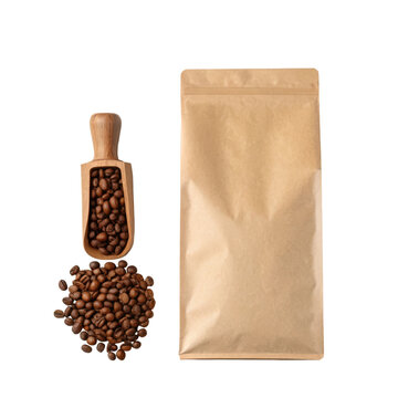 Kraft coffee packaging pouch with roasted coffee beans and wooden scoop for branding mockup product presentation retail