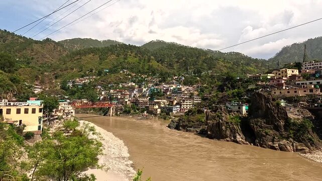 Editorial Wide Shot Of Rudraprayag Hill Town And River From Kedarnath Road