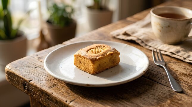 Golden-brown Taiwanese pineapple cake pastry served on a white ceramic plate atop a rustic wooden table, bathed in soft afternoon sunlight with a coffee cup and green plants nearby