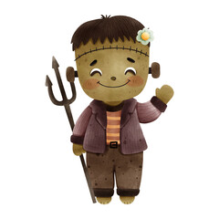 Cute Little Frankenstein Monster Holding Pitchfork Watercolor