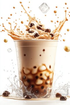 exploding bubble tea with flying tapioca pearls, milk splash and ice cubes, isolated on white background