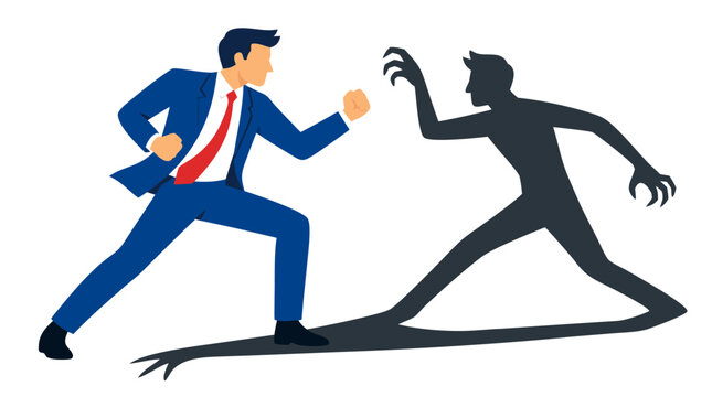 Businessman in blue suit fighting his own dark elongated shadow monster, bold flat colors on white background, concept of inner demons, self conflict, and battling personal fears