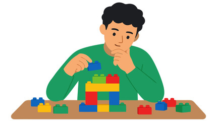 Obraz premium Young man thoughtfully playing with colorful toy building blocks on a table, stacking and solving creative puzzle in flat vector illustration style, educational childhood