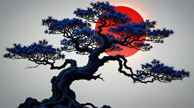Gnarled dark bonsai tree with blue needles stands before bright red sun. Minimalist background enhances dramatic Japanese inspired art style. Elegant asian ink wash painting composition.