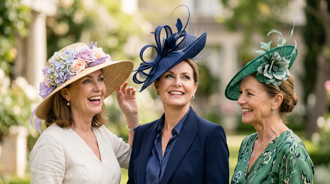 Three ladies showing off their fashionable hats in a garden setting