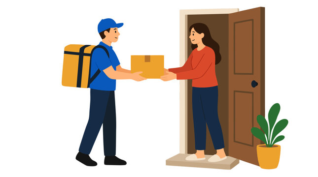 Courier in blue uniform and yellow backpack delivering cardboard package to smiling woman at her open front door, flat vector illustration with bold solid colors, plant beside door