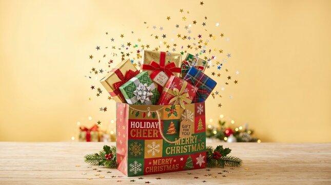 A shopping bag full of colorful christmas gift boxes with festive confetti falling down on a bright background