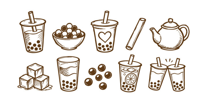 Delicious boba milk tea doodle element set featuring pearl cup ice straw and teapot, vector illustration