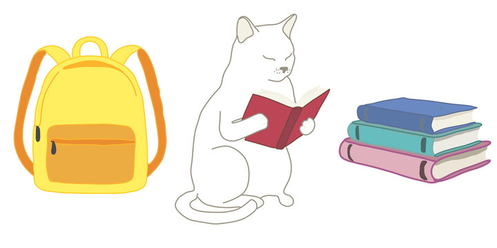 Cute cat reading a book with school backpack and stack of books vector illustration isolated on transparent or white background, png