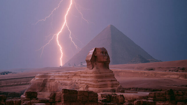 A bright lightning bolt strikes the night sky behind the ancient stone statue of the sphinx and the great pyramid in the middle of the desert sands