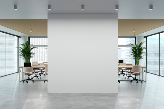 Modern 3D office interior provides a blank wall for copy space