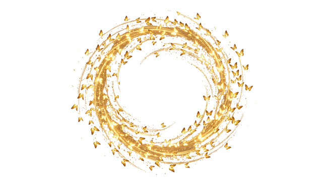 Golden butterfly swirl frame on white background, elegant gold glitter circular border, luxury butterfly wreath for wedding invitation and festive design