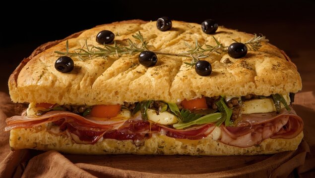 Rosemary and olive oil focaccia topped with ham, mozzarella, salads, and olives.