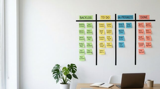 Kanban board with colorful sticky notes on a wall for project management and agile team task organization workflow