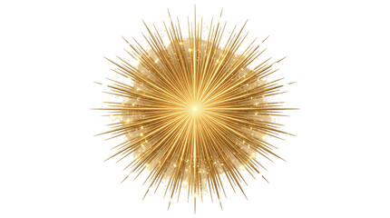 Obraz premium Golden sunburst explosion with shimmering light rays, radiant gold starburst effect on white background, glowing sun flare with sparkling bokeh particles