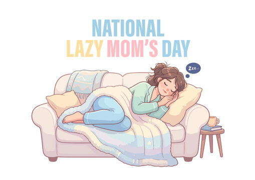 National Lazy Mom's Day Vector Illustration, Tired Woman Sleeping on Sofa Covered with Blanket