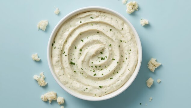 Round dish of garlic or cucumber dip on light blue surface, viewed from above.