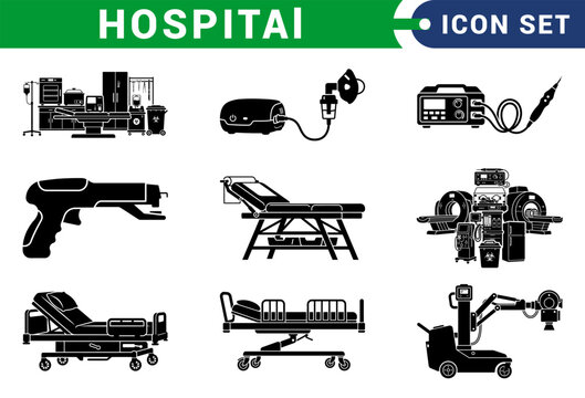 15 Hospital Medical Equipment Glyph Icon Set. Healthcare and Laboratory Device Black Solid Icons Collection Featuring Stethoscope, Ventilator, Ultrasound Machine, Surgical Instruments, Medicine .