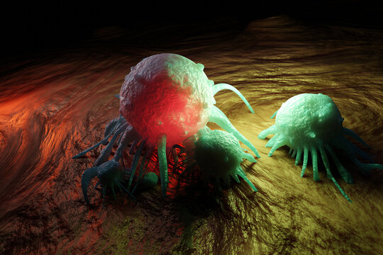 Three dimensional render of cancer cells inside human body