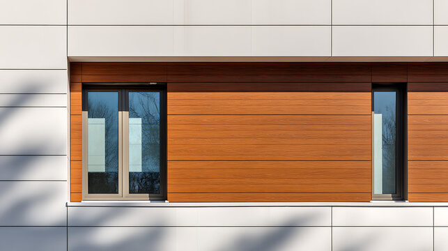 Modern building exterior facade featuring sleek wooden cladding panels combined with white composite wall siding and dark frame glass windows reflecting daylight outdoor