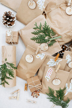 Various material for preparation of DIY advent calendar kept on carpet