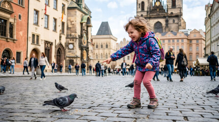 Child playing with bird on town square. Happy girl feeding pigeon during trip to historic city. Tourism and recreation during family vacation in Europe. Leisure activity for kid.