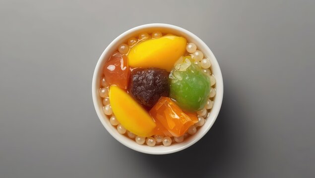 Bowl of Asian dessert featuring mango, sago, grass jelly, Yangzhi Manna, and Aiyu Jelly on grey backdrop.